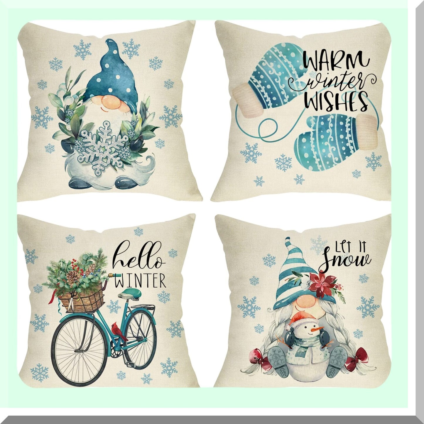 Winter Wonderland Gnome Pillow Cover Set - 18x18 Snowflake Cardinal Mitten Cushion Case - Red Bird Snowman Farmhouse Decor Pillowcase Set