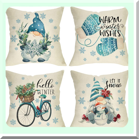 Winter Wonderland Gnome Pillow Cover Set - 18x18 Snowflake Cardinal Mitten Cushion Case - Red Bird Snowman Farmhouse Decor Pillowcase Set