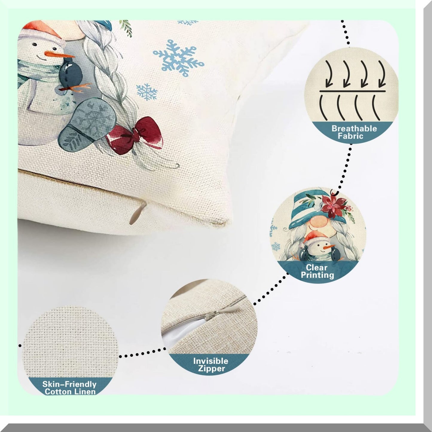 Winter Wonderland Gnome Pillow Cover Set - 18x18 Snowflake Cardinal Mitten Cushion Case - Red Bird Snowman Farmhouse Decor Pillowcase Set