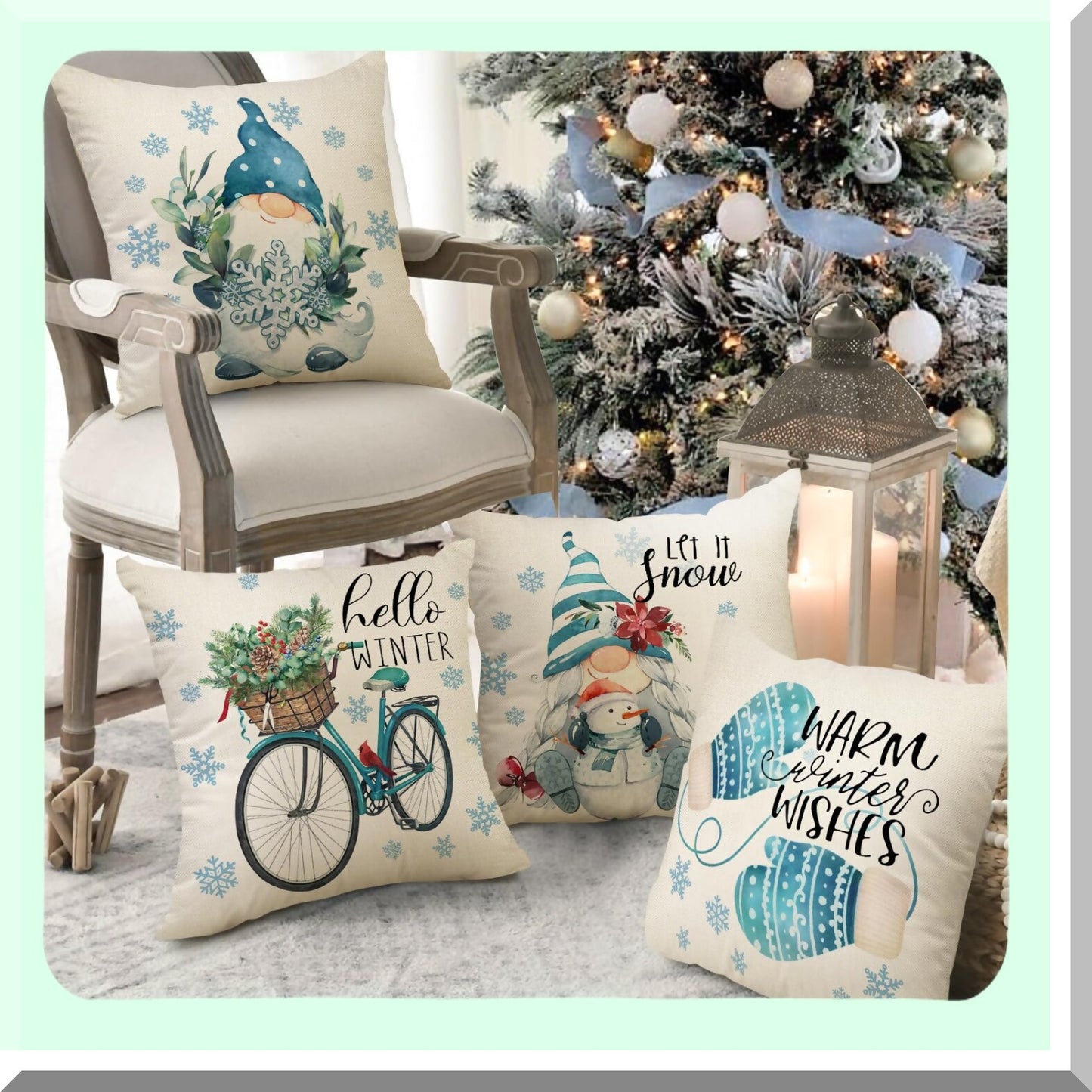 Winter Wonderland Gnome Pillow Cover Set - 18x18 Snowflake Cardinal Mitten Cushion Case - Red Bird Snowman Farmhouse Decor Pillowcase Set