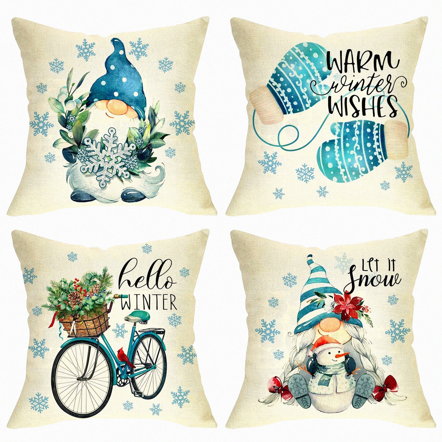 Winter Wonderland Gnome Pillow Cover Set - 18x18 Snowflake Cardinal Mitten Cushion Case - Red Bird Snowman Farmhouse Decor Pillowcase Set