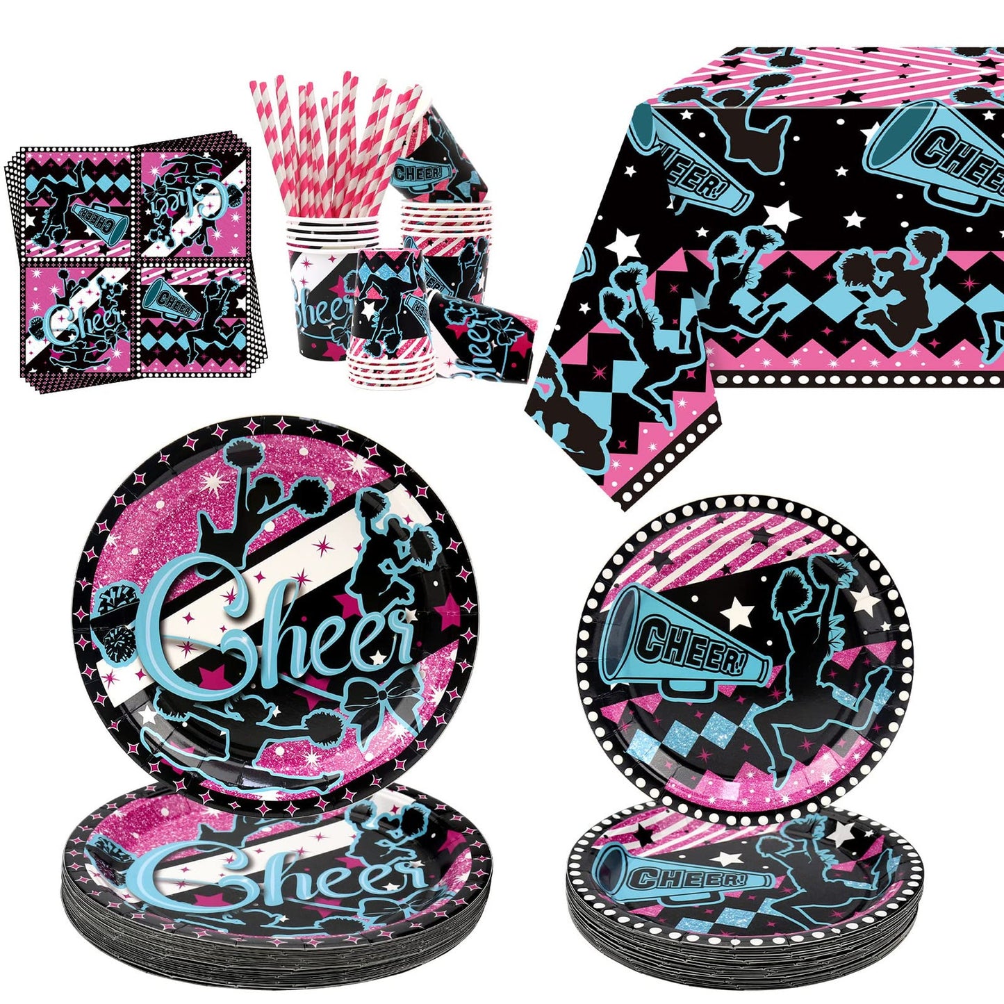 Cheerful Cheer Party Pack - Complete Cheerleading Birthday Tableware Set for 20 Guests - Plates, Cups, Napkins, Tablecloth, Straws - Gymnastics Theme