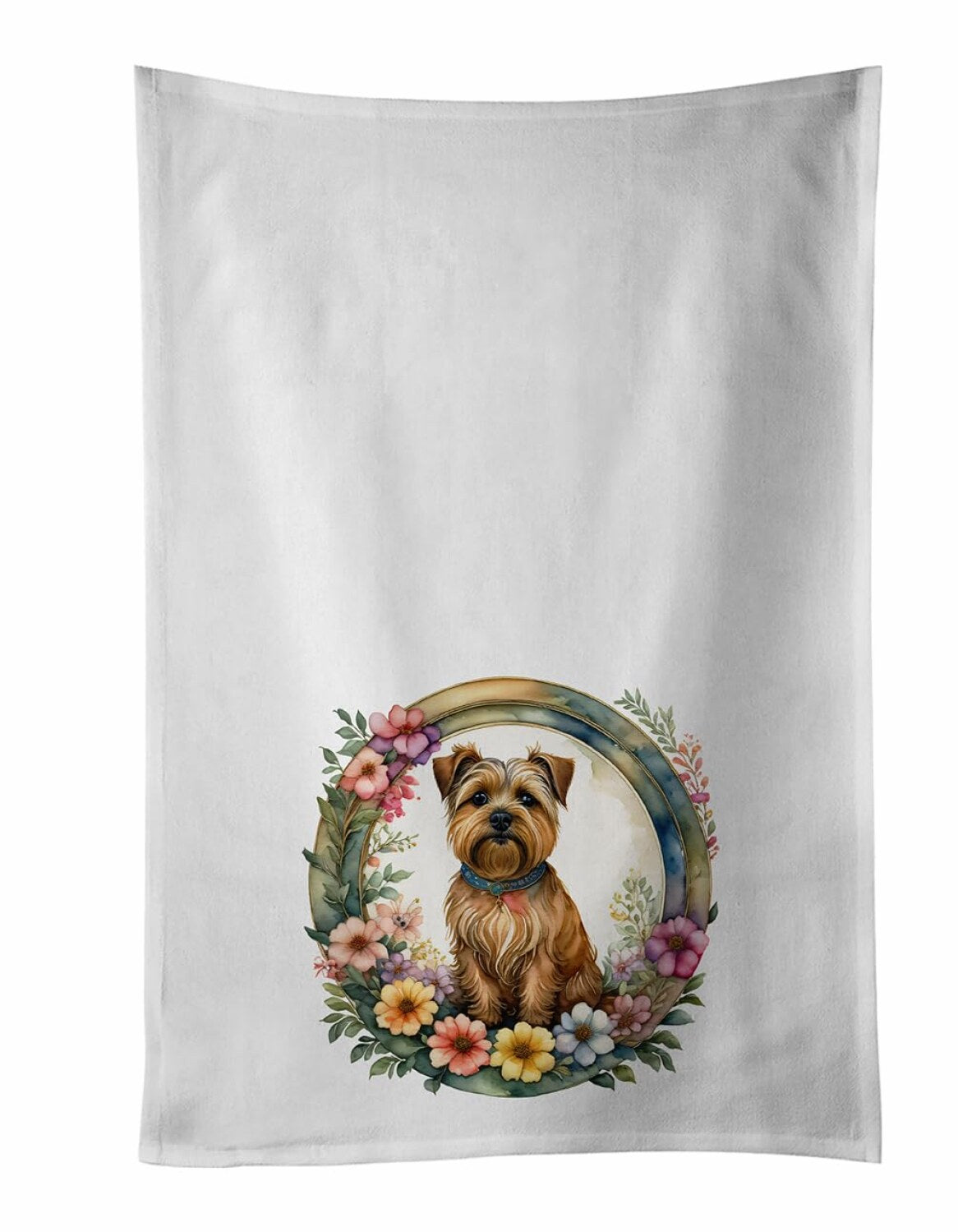Norfolk Terrier and Flowers Kitchen Towel Set of 2 White