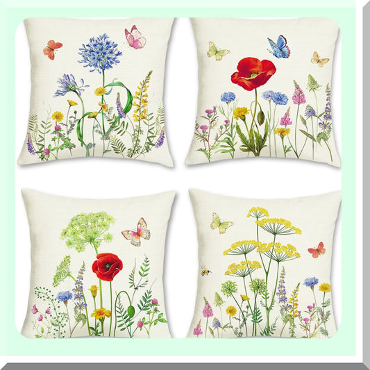 Blooming Garden Pillow Covers Set - Floral Spring Farmhouse Decorative Cushion Cases for Couch, Sofa, Bedroom, Car - Outdoor Patio Linen Home Decor 18x18