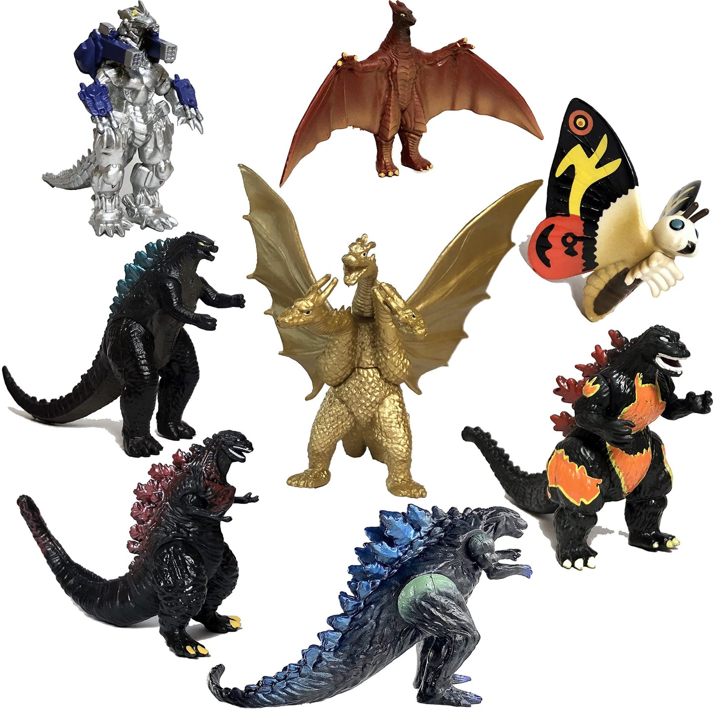 Mighty Monster Movers: Dino Action Figures Pack - Mini Mothra, Shin Burning Heisei, Mecha Ghidorah - Jointed Toys for Kids - Birthday Cake Toppers & Travel Bag