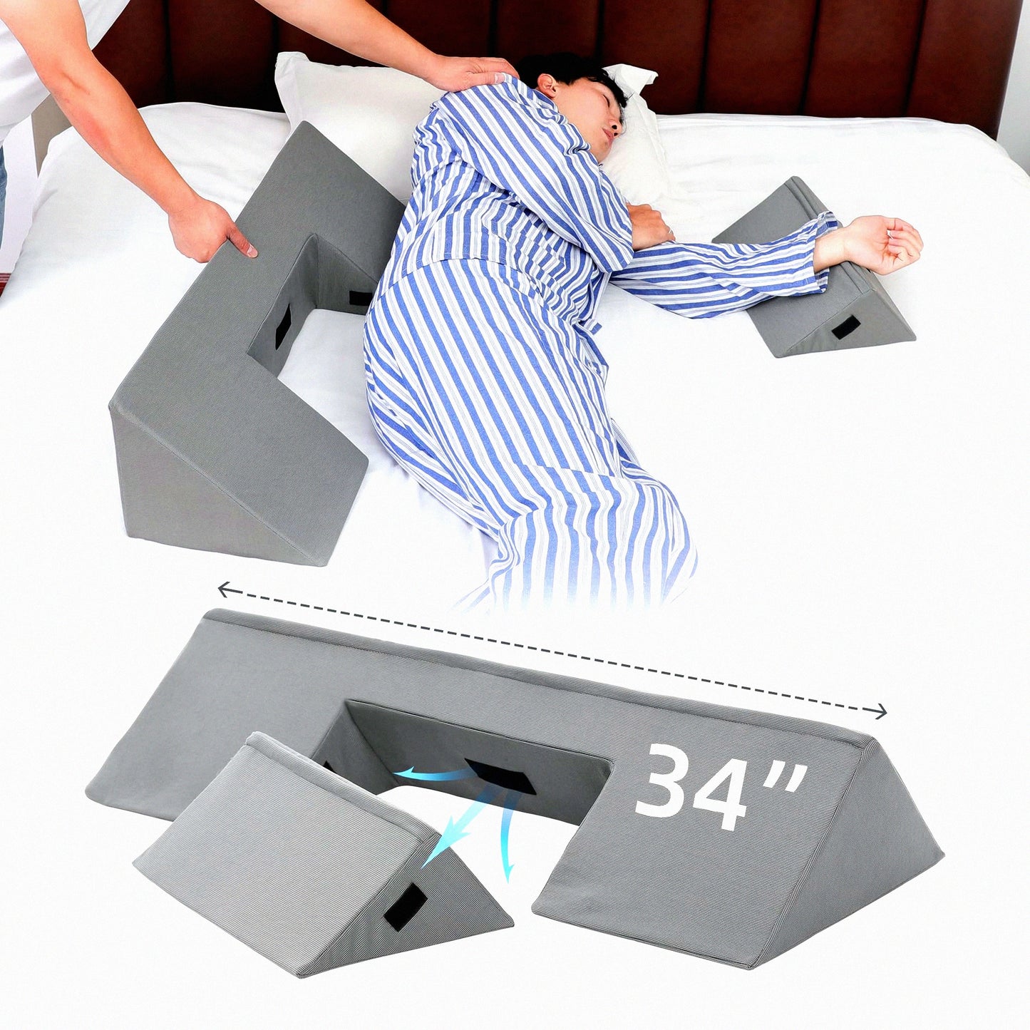 SleepWell Side Sleeper Wedge Pillow - 34" Training & Positioning Pillow for Side Sleeping with Detachable Small Wedge. Back Support, Snoring Reduction & Bedsore Prevention.