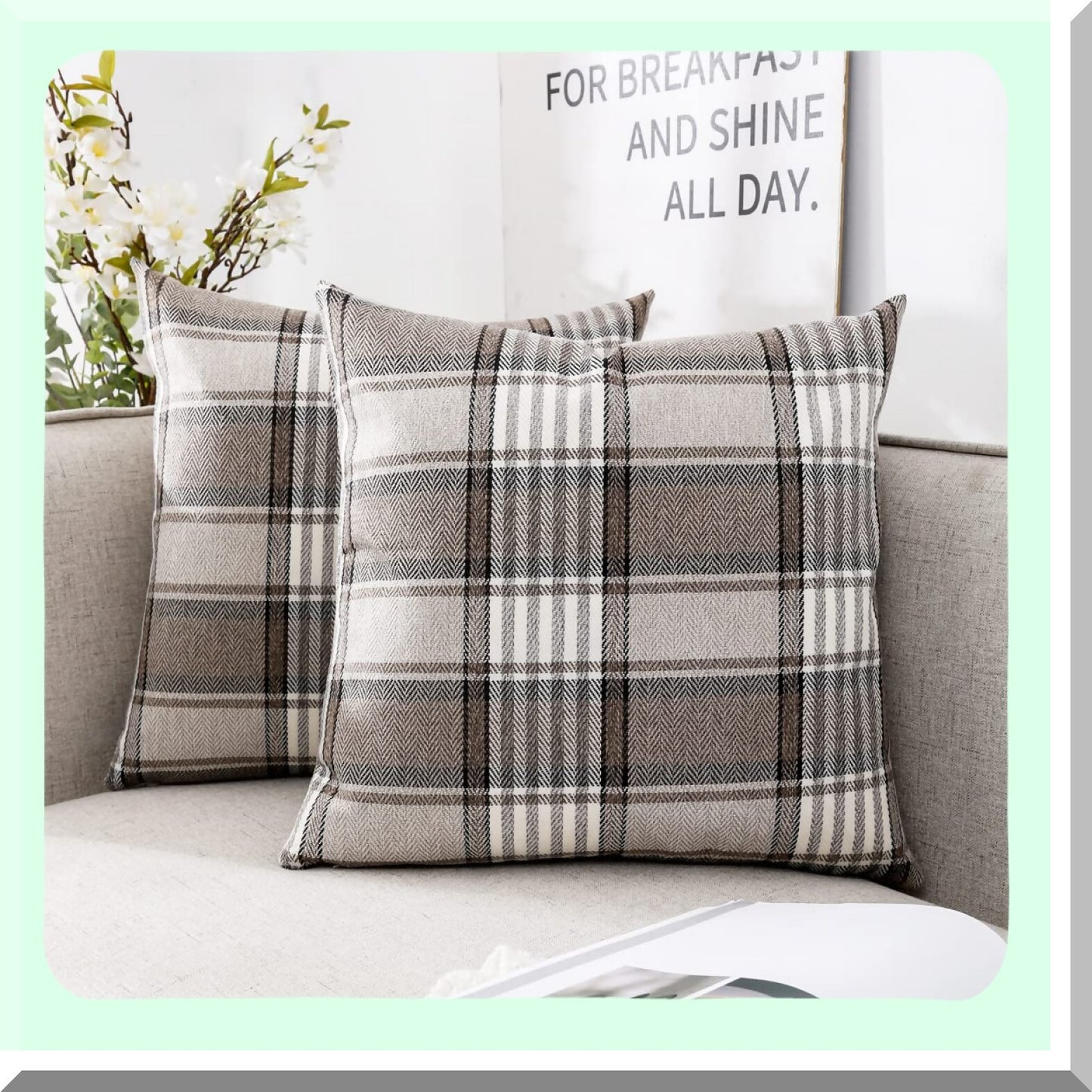 Rustic Farmhouse Plaid Pillow Set - 18x18 Decorative Throw Cushions for Living Room Sofa - Brown Checkered Pillow Covers 2 Pack