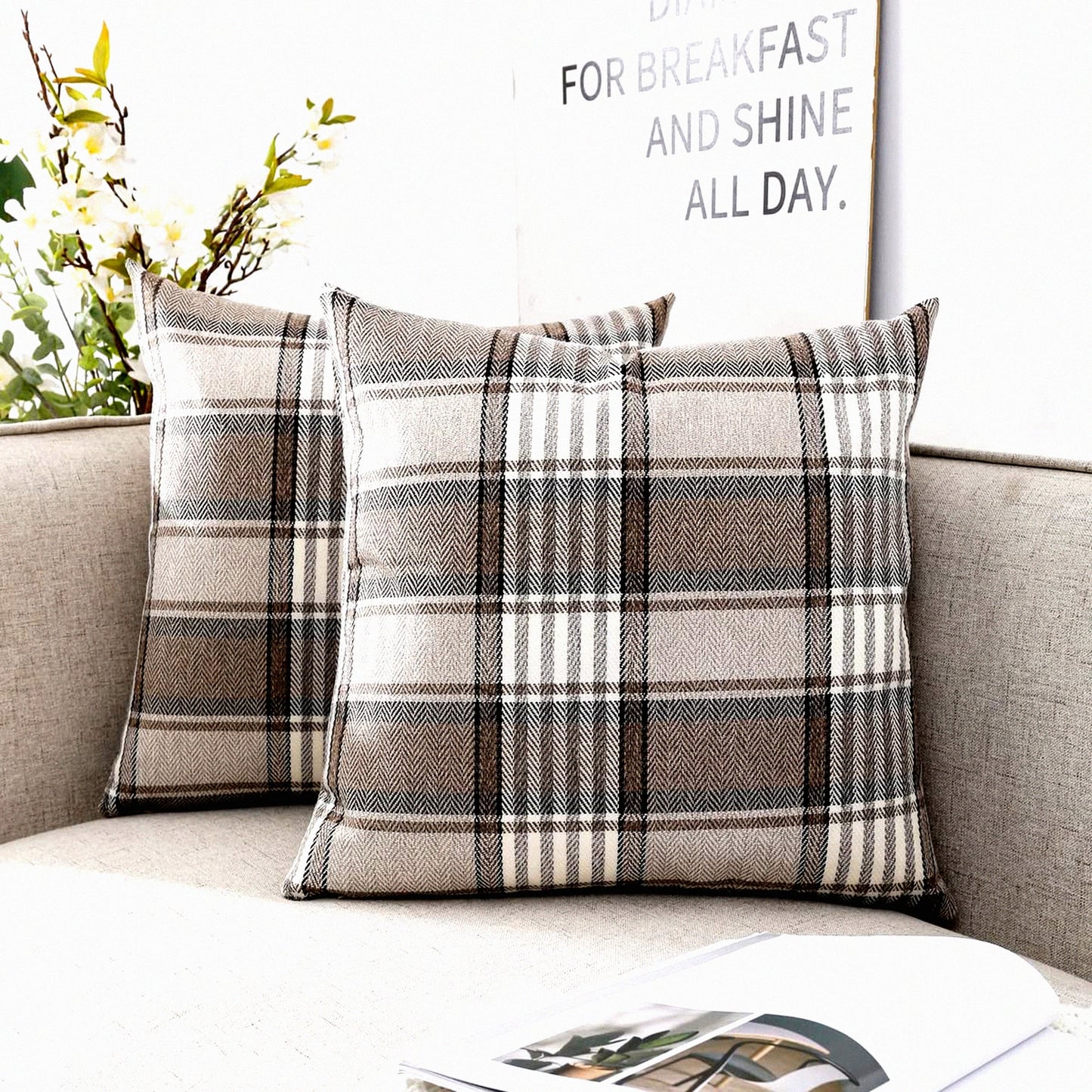 Rustic Farmhouse Plaid Pillow Set - 18x18 Decorative Throw Cushions for Living Room Sofa - Brown Checkered Pillow Covers 2 Pack