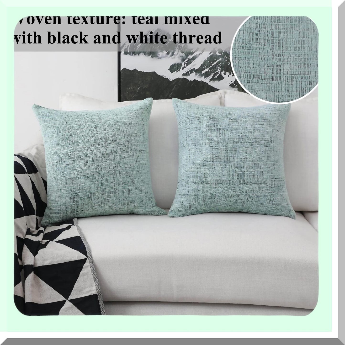 Tweed Chenille Teal Throw Pillow Covers - 18x18 Sofa Bench Decorations - 2 Pack - Couch Cushion Cases - Soft Home Decor - Square Pillowcases