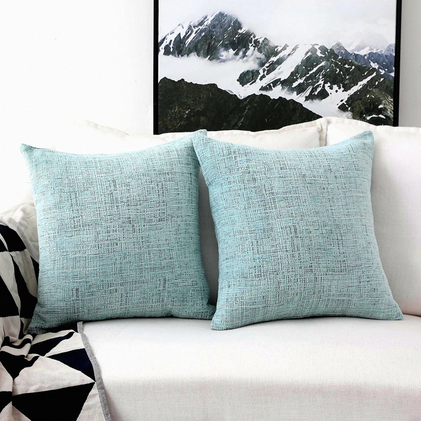 Tweed Chenille Teal Throw Pillow Covers - 18x18 Sofa Bench Decorations - 2 Pack - Couch Cushion Cases - Soft Home Decor - Square Pillowcases