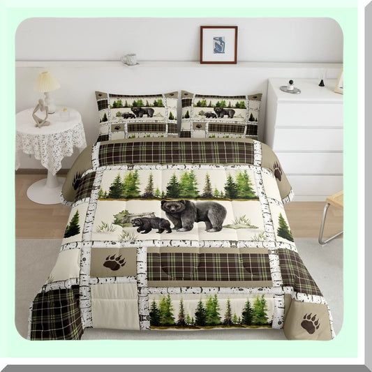 Rustic Bear Hunting Comforter Set - Twin Size Farmhouse Jungle Quilt with Plaid Lattice Patchwork Design - Cozy Microfiber Duvet Insert and Pillowcase - Cabin Gift for Animal Lovers