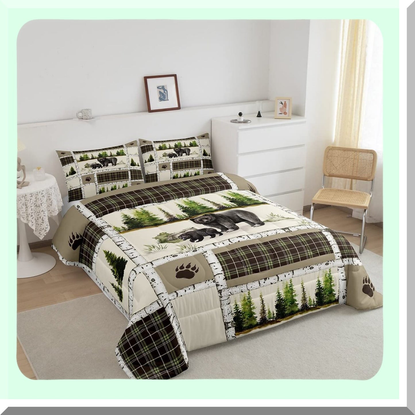 Rustic Bear Hunting Comforter Set - Twin Size Farmhouse Jungle Quilt with Plaid Lattice Patchwork Design - Cozy Microfiber Duvet Insert and Pillowcase - Cabin Gift for Animal Lovers
