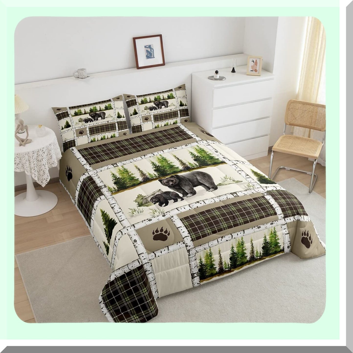 Rustic Bear Hunting Comforter Set - Twin Size Farmhouse Jungle Quilt with Plaid Lattice Patchwork Design - Cozy Microfiber Duvet Insert and Pillowcase - Cabin Gift for Animal Lovers