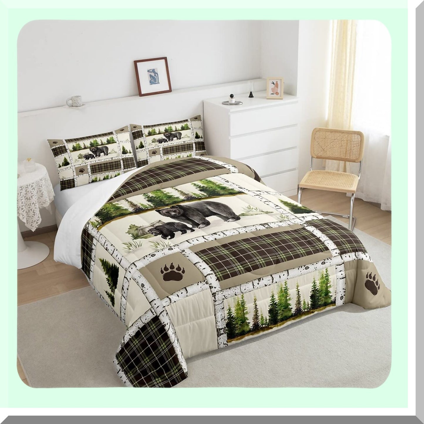 Rustic Bear Hunting Comforter Set - Twin Size Farmhouse Jungle Quilt with Plaid Lattice Patchwork Design - Cozy Microfiber Duvet Insert and Pillowcase - Cabin Gift for Animal Lovers