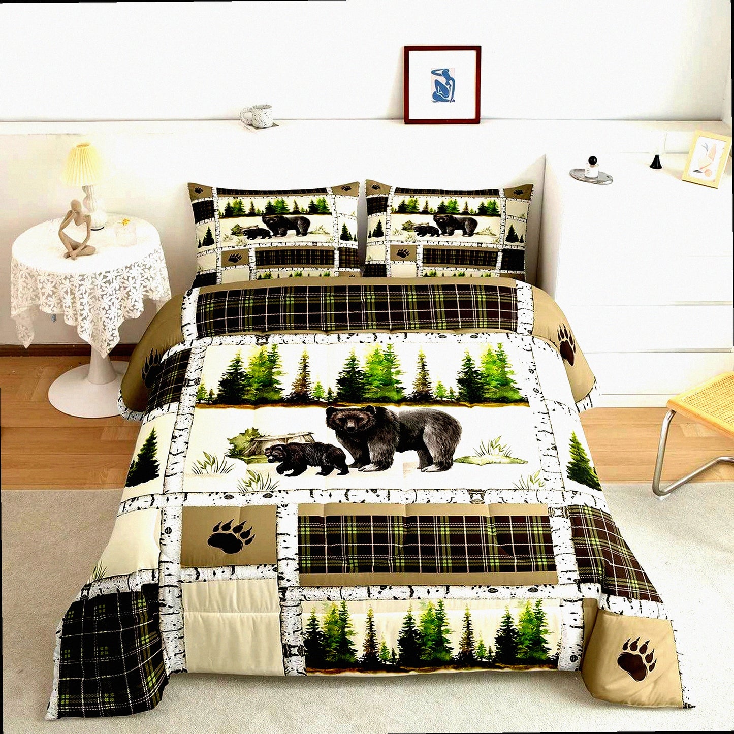 Rustic Bear Hunting Comforter Set - Twin Size Farmhouse Jungle Quilt with Plaid Lattice Patchwork Design - Cozy Microfiber Duvet Insert and Pillowcase - Cabin Gift for Animal Lovers