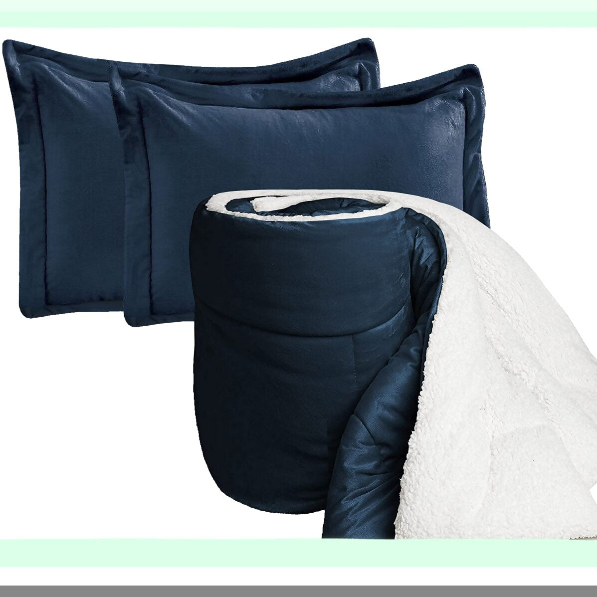 Navy Sherpa Plush Comforter Set - 3-Piece Micro-Suede Down Alternative, Heavy Weight, All Season, Queen Size, Solid Color Fluffy Reverse