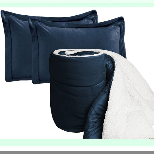 Navy Sherpa Plush Comforter Set - 3-Piece Micro-Suede Down Alternative, Heavy Weight, All Season, Queen Size, Solid Color Fluffy Reverse