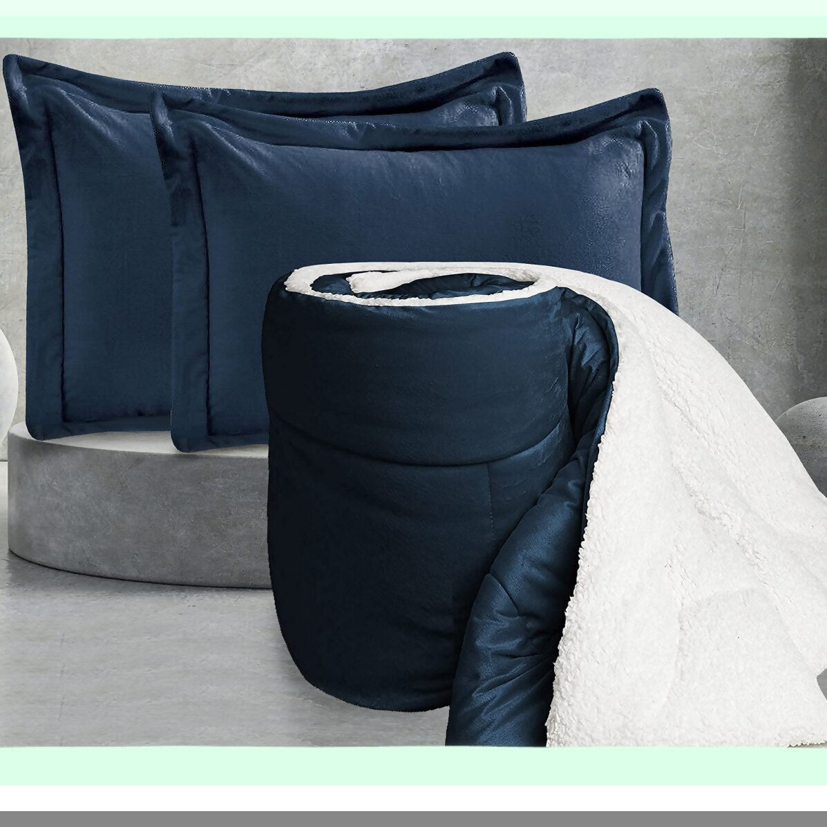 Navy Sherpa Plush Comforter Set - 3-Piece Micro-Suede Down Alternative, Heavy Weight, All Season, Queen Size, Solid Color Fluffy Reverse