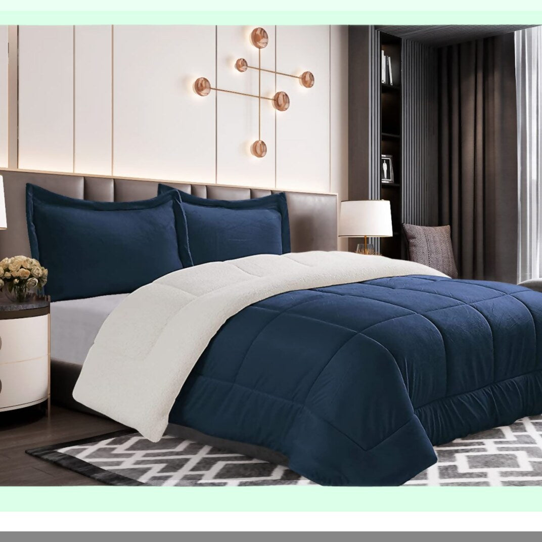 Navy Sherpa Plush Comforter Set - 3-Piece Micro-Suede Down Alternative, Heavy Weight, All Season, Queen Size, Solid Color Fluffy Reverse