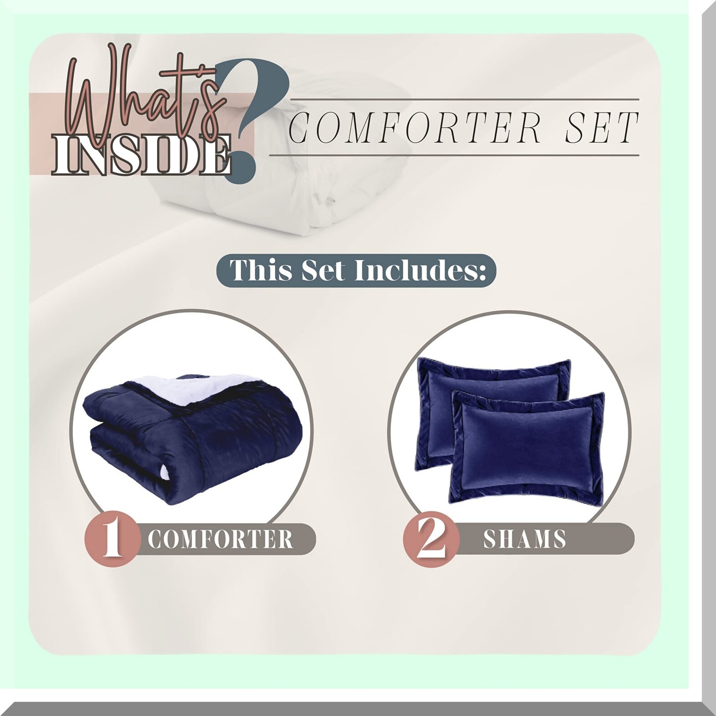 Navy Sherpa Plush Comforter Set - 3-Piece Micro-Suede Down Alternative, Heavy Weight, All Season, Queen Size, Solid Color Fluffy Reverse