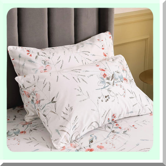 Floral Bird Queen Pillowcase Set - 100% Cotton Bedding Shams with Envelope Closure - Queen Size Pillow Covers - Set of 2 - 20x30 Inches