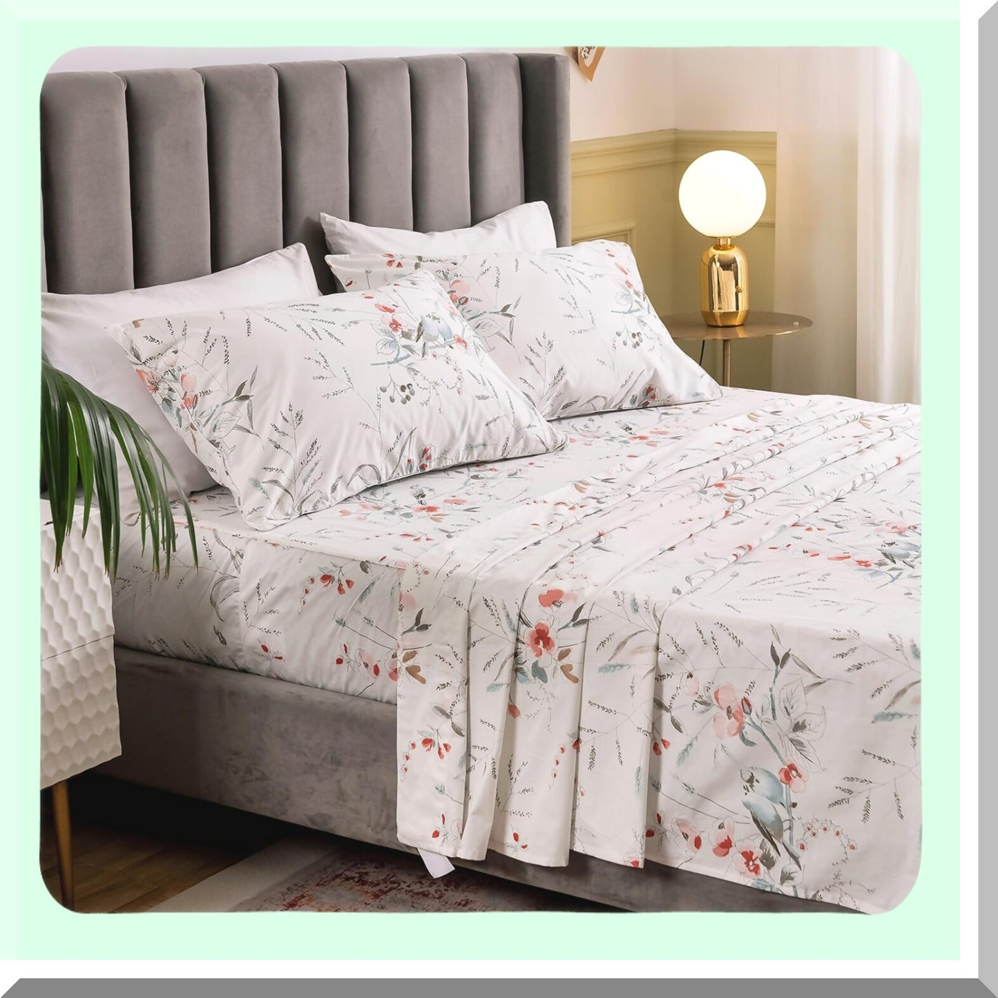 Floral Bird Queen Pillowcase Set - 100% Cotton Bedding Shams with Envelope Closure - Queen Size Pillow Covers - Set of 2 - 20x30 Inches