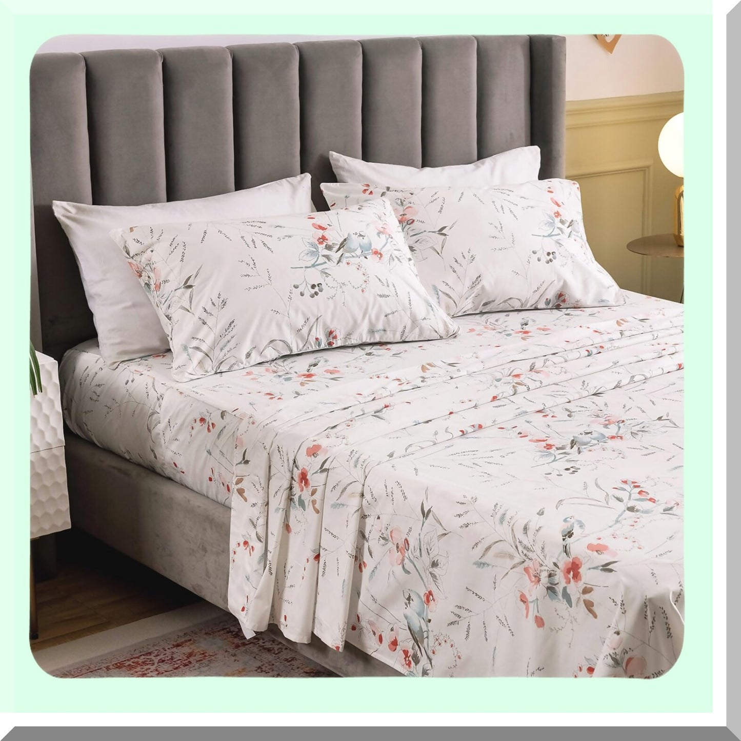 Floral Bird Queen Pillowcase Set - 100% Cotton Bedding Shams with Envelope Closure - Queen Size Pillow Covers - Set of 2 - 20x30 Inches