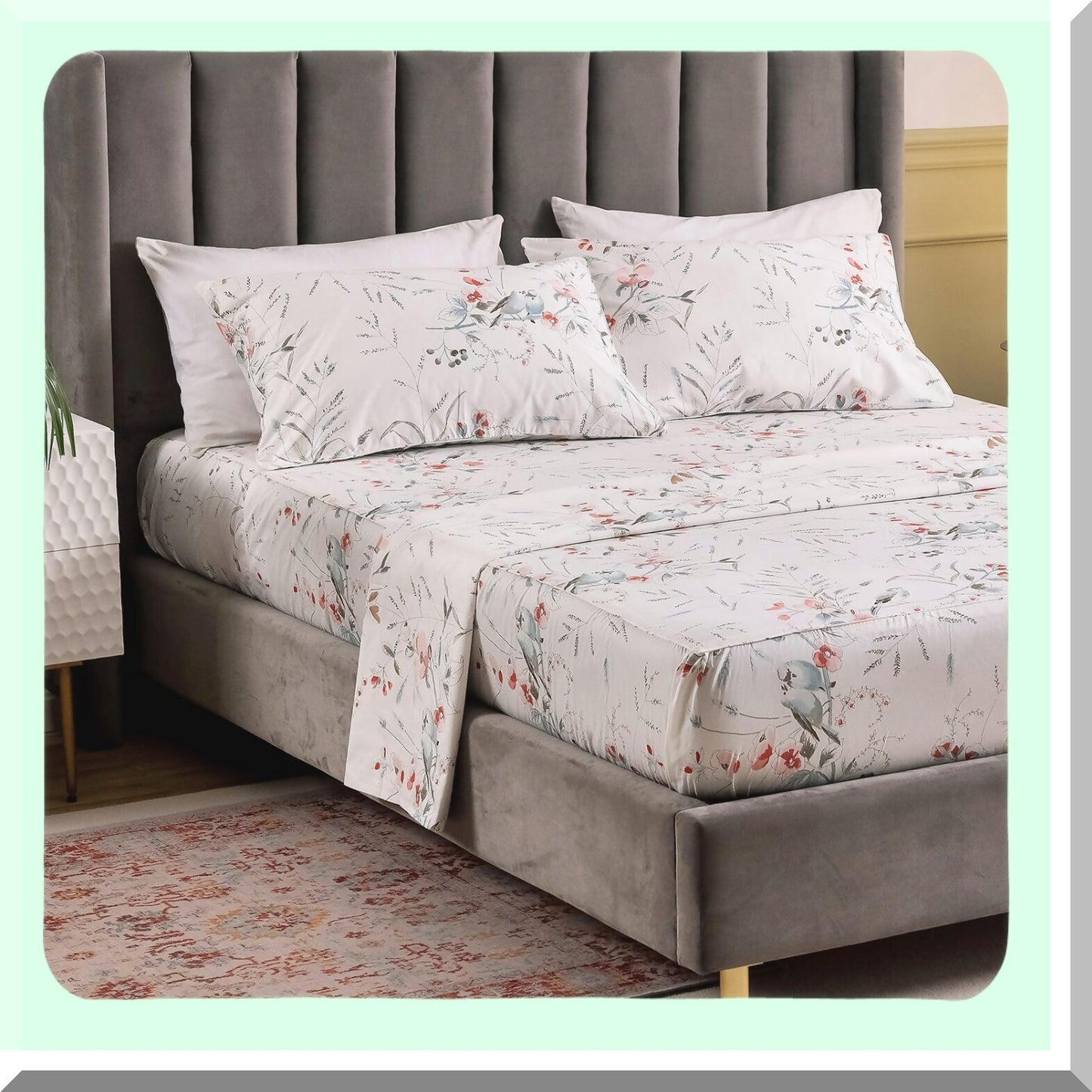 Floral Bird Queen Pillowcase Set - 100% Cotton Bedding Shams with Envelope Closure - Queen Size Pillow Covers - Set of 2 - 20x30 Inches