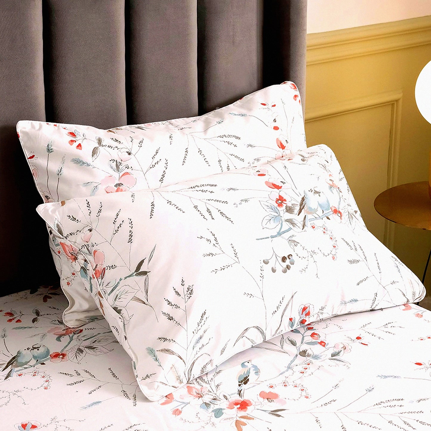 Floral Bird Queen Pillowcase Set - 100% Cotton Bedding Shams with Envelope Closure - Queen Size Pillow Covers - Set of 2 - 20x30 Inches