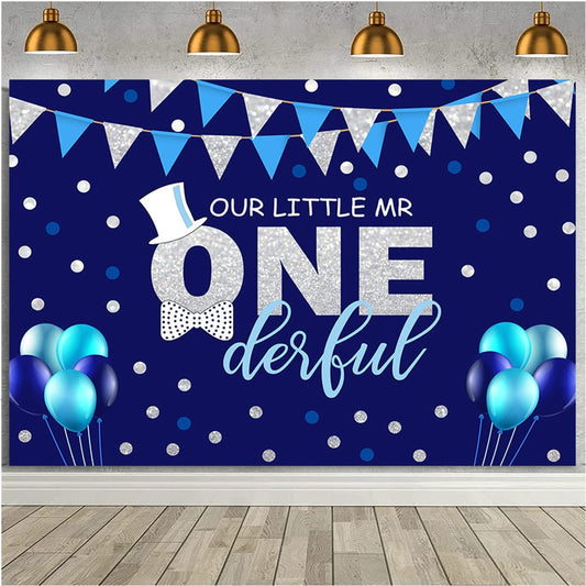 Blue Polka Dot Balloon Birthday Backdrop - Celebrate your little Mr Onederful's first birthday with this charming 7x5FT party backdrop. Perfect for baby showers too!