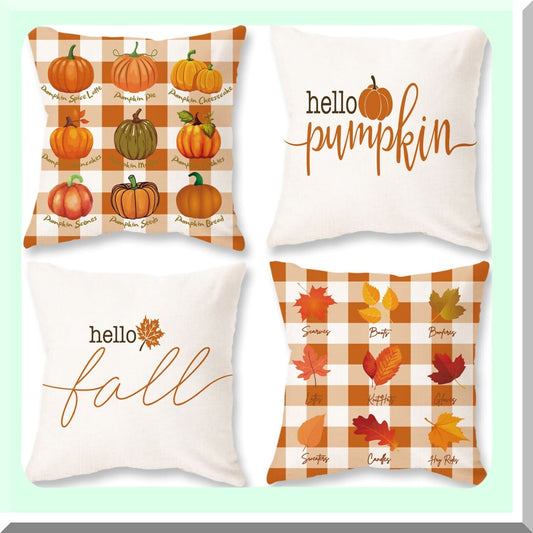 Autumn Harvest Pillow Covers - Set of 4 Fall Buffalo Plaid Maple Leaves Cushion Cases 18x18 Inch for Thanksgiving Decorations & Farmhouse Home Decor