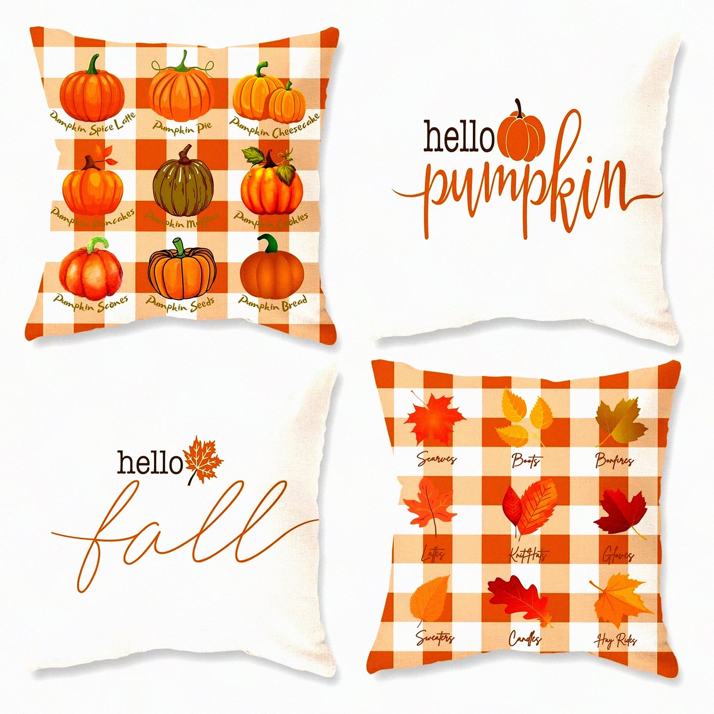 Autumn Harvest Pillow Covers - Set of 4 Fall Buffalo Plaid Maple Leaves Cushion Cases 18x18 Inch for Thanksgiving Decorations & Farmhouse Home Decor