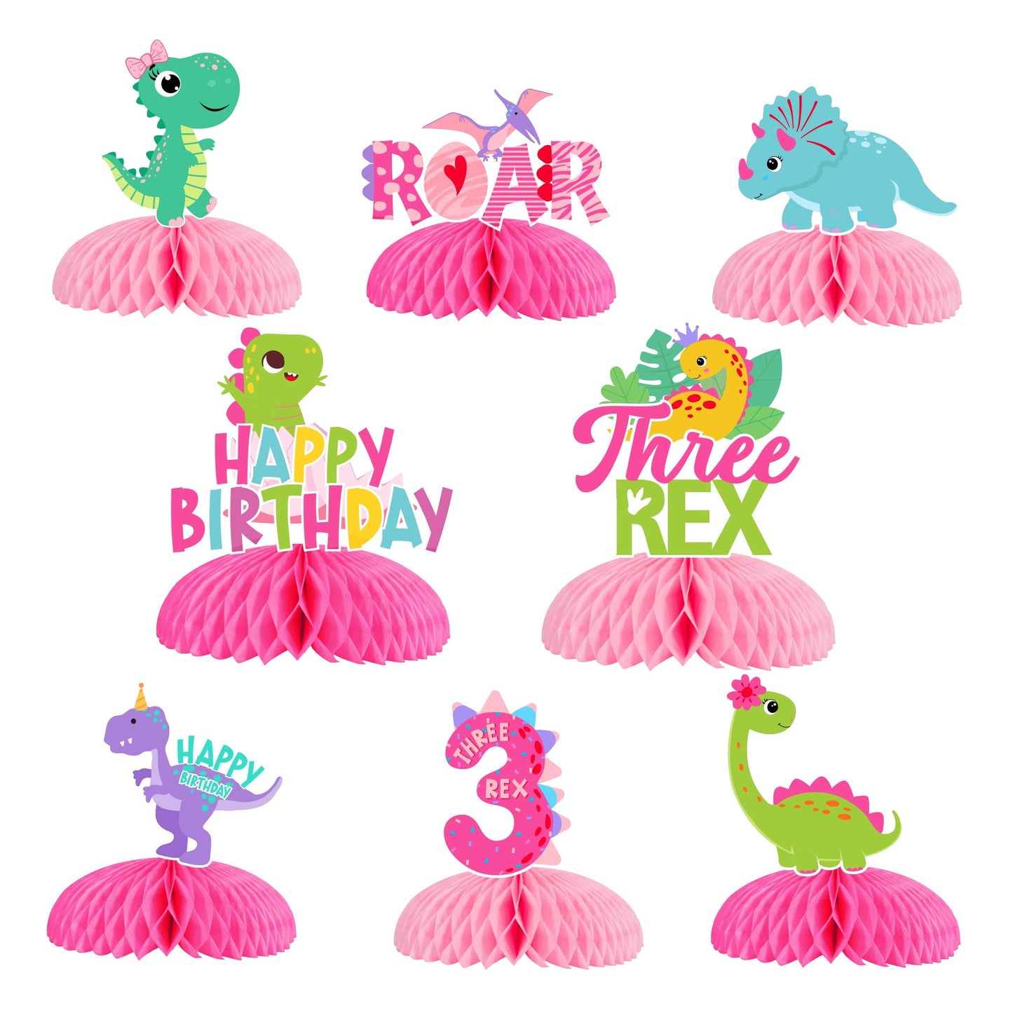 Dino Honeycomb Table Toppers - Pink Three Rex Roar Centerpieces for Girls T-Rex Themed 3rd Birthday Party Decorations