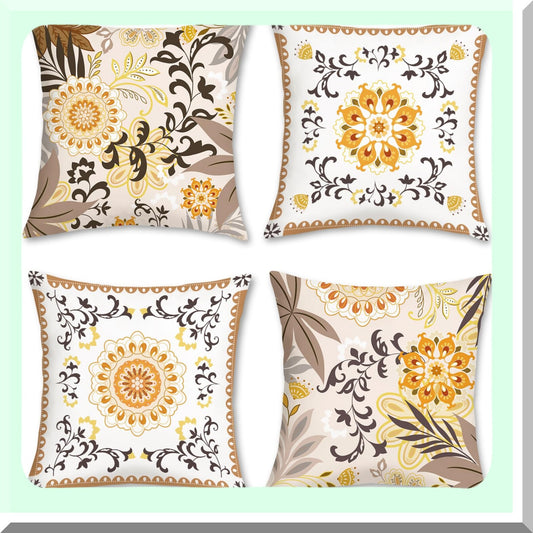 Boho Chic Velvet Floral Pillowcase Set - Mid Century Decorative Cushion Covers for Couch, Sofa, Bed - Soft Tan Bohemian Home Decor - 18x18, Pack of 4
