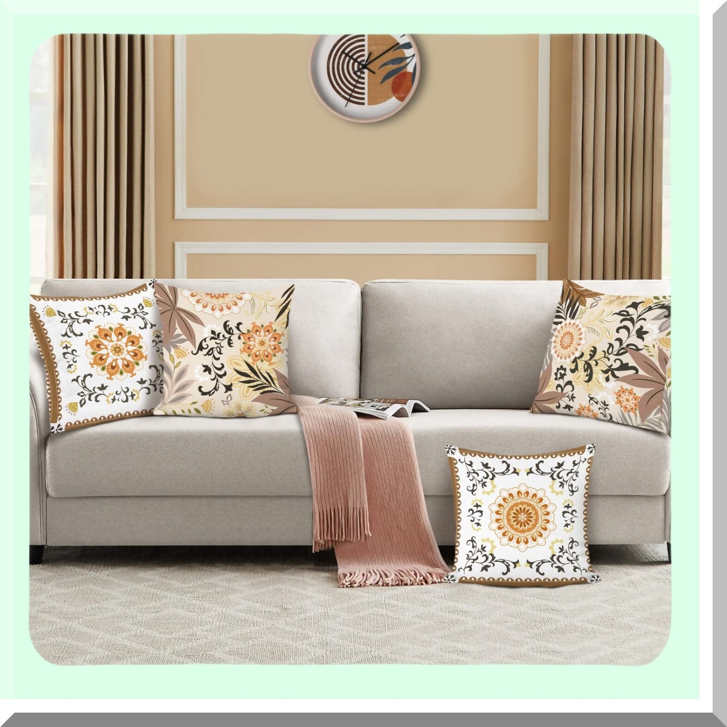 Boho Chic Velvet Floral Pillowcase Set - Mid Century Decorative Cushion Covers for Couch, Sofa, Bed - Soft Tan Bohemian Home Decor - 18x18, Pack of 4