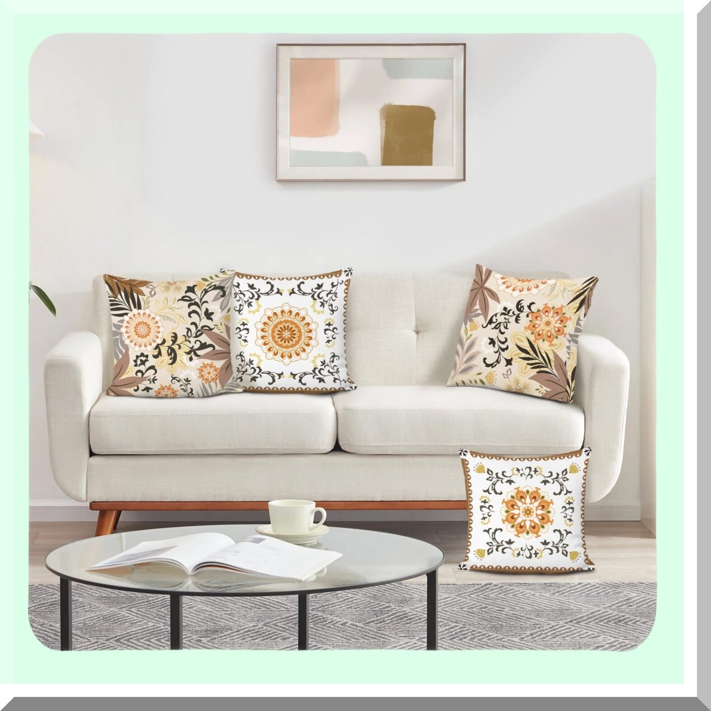 Boho Chic Velvet Floral Pillowcase Set - Mid Century Decorative Cushion Covers for Couch, Sofa, Bed - Soft Tan Bohemian Home Decor - 18x18, Pack of 4