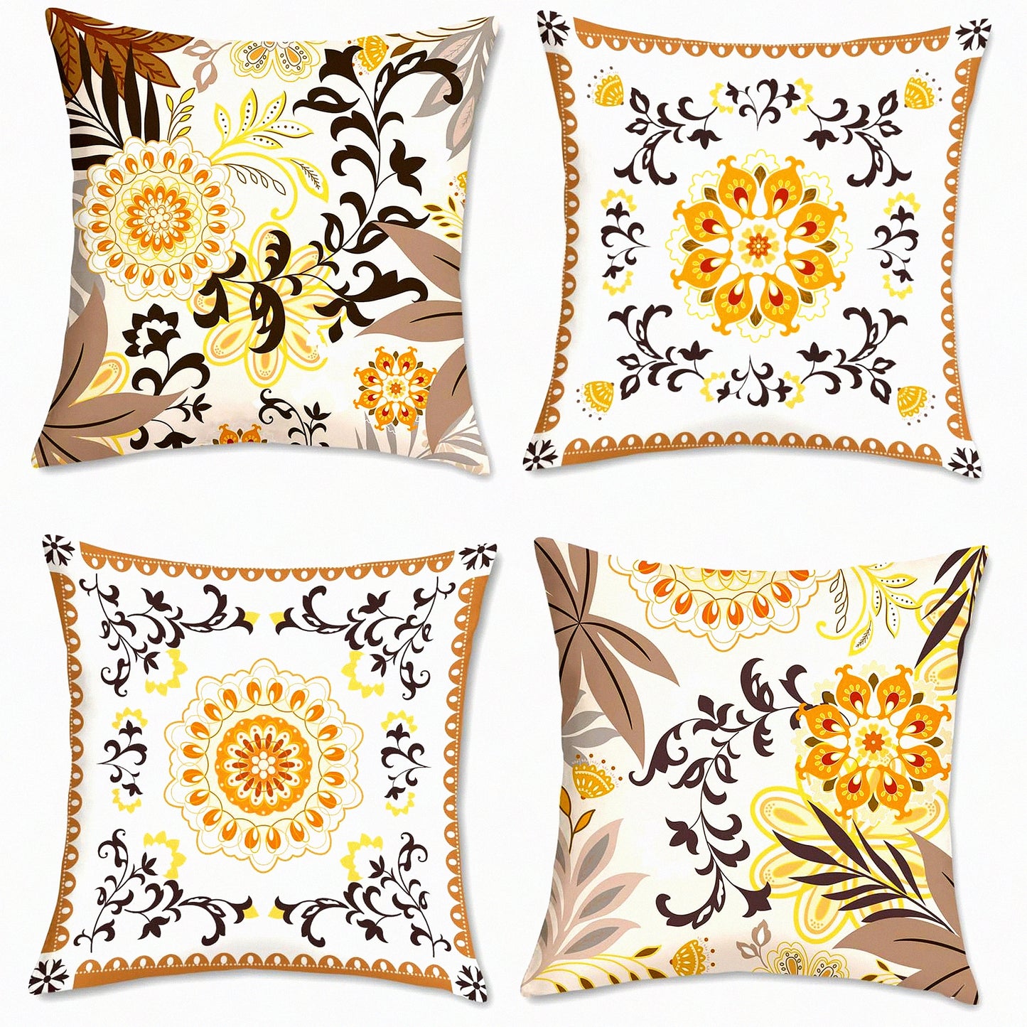 Boho Chic Velvet Floral Pillowcase Set - Mid Century Decorative Cushion Covers for Couch, Sofa, Bed - Soft Tan Bohemian Home Decor - 18x18, Pack of 4