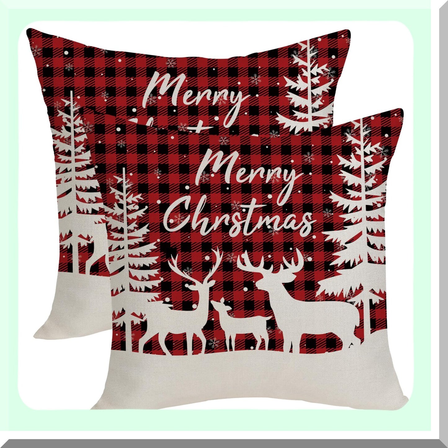 Winter Farmhouse Buffalo Plaid Deer Pillow Covers - Set of 2 Red Black Retro Decor Linen Cushion Cases 18x18 Inch for Sofa Couch