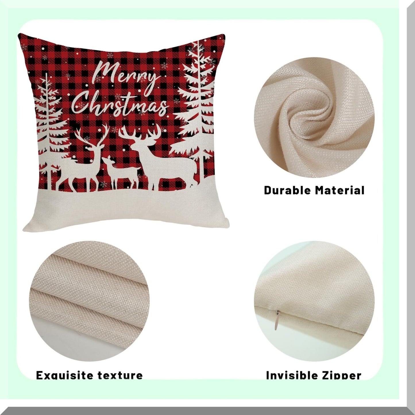 Winter Farmhouse Buffalo Plaid Deer Pillow Covers - Set of 2 Red Black Retro Decor Linen Cushion Cases 18x18 Inch for Sofa Couch