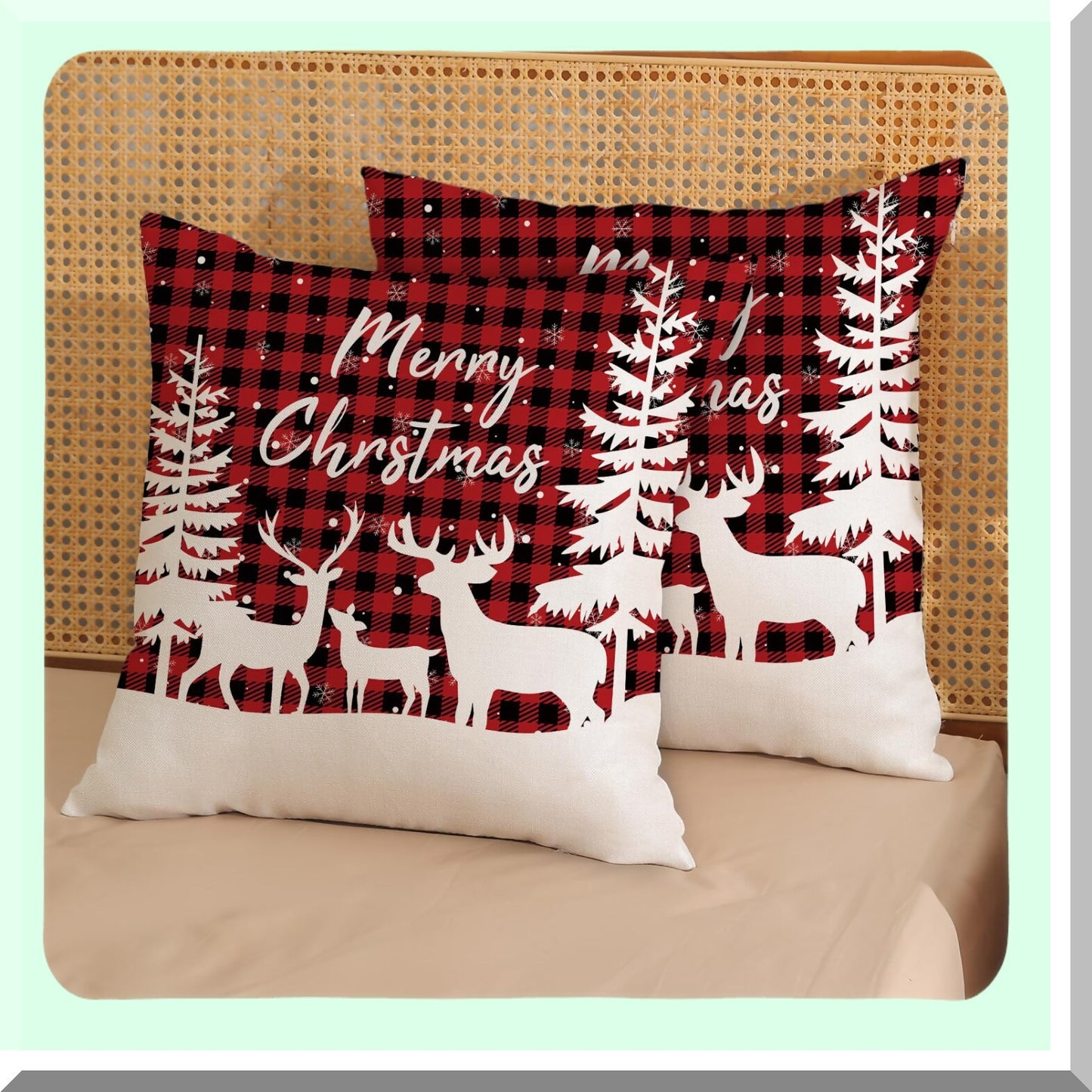 Winter Farmhouse Buffalo Plaid Deer Pillow Covers - Set of 2 Red Black Retro Decor Linen Cushion Cases 18x18 Inch for Sofa Couch
