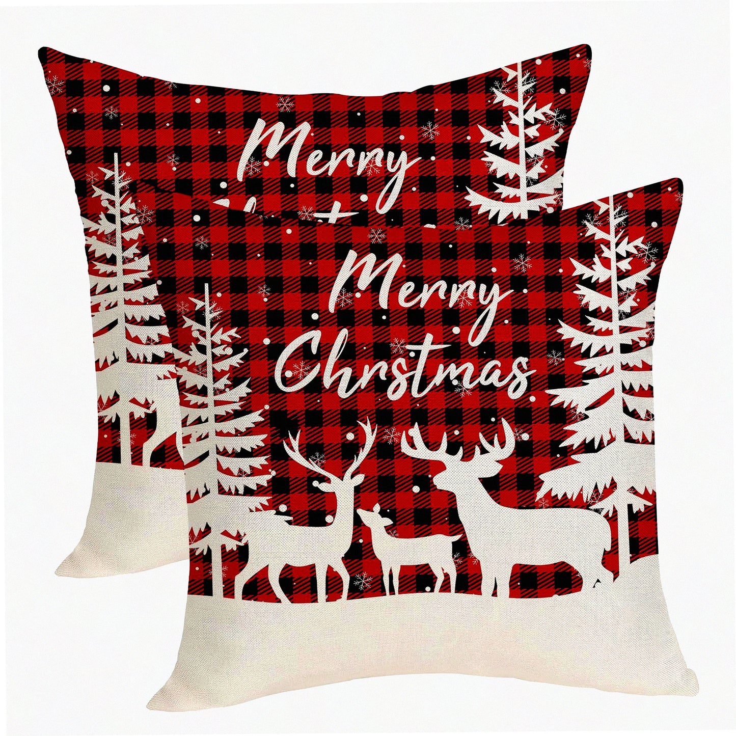 Winter Farmhouse Buffalo Plaid Deer Pillow Covers - Set of 2 Red Black Retro Decor Linen Cushion Cases 18x18 Inch for Sofa Couch