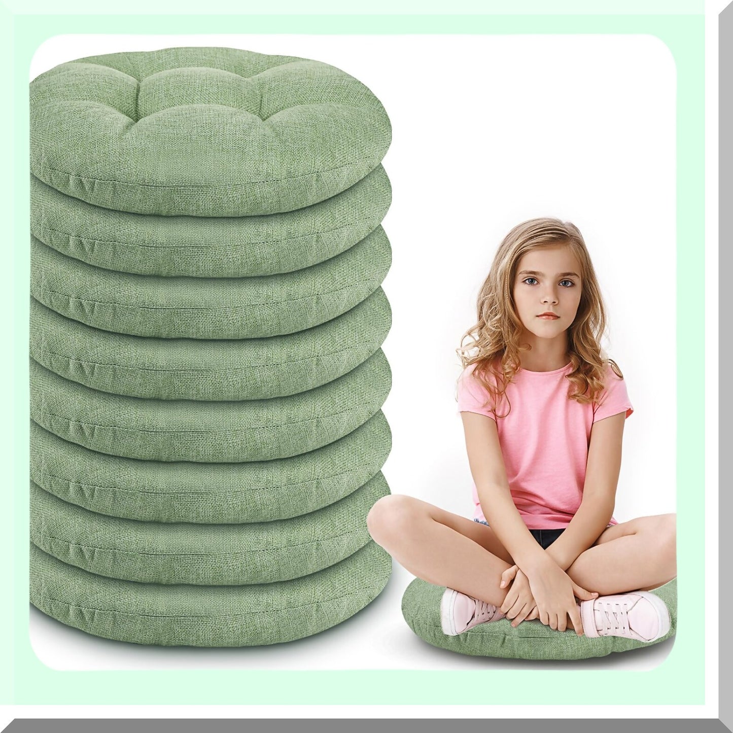 Green FlexiKids Round Floor Cushion - 15 Inch Thick Floor Pillow for Clroom, Home, Daycare, Preschool, Yoga & Meditation - Toddlers Seating