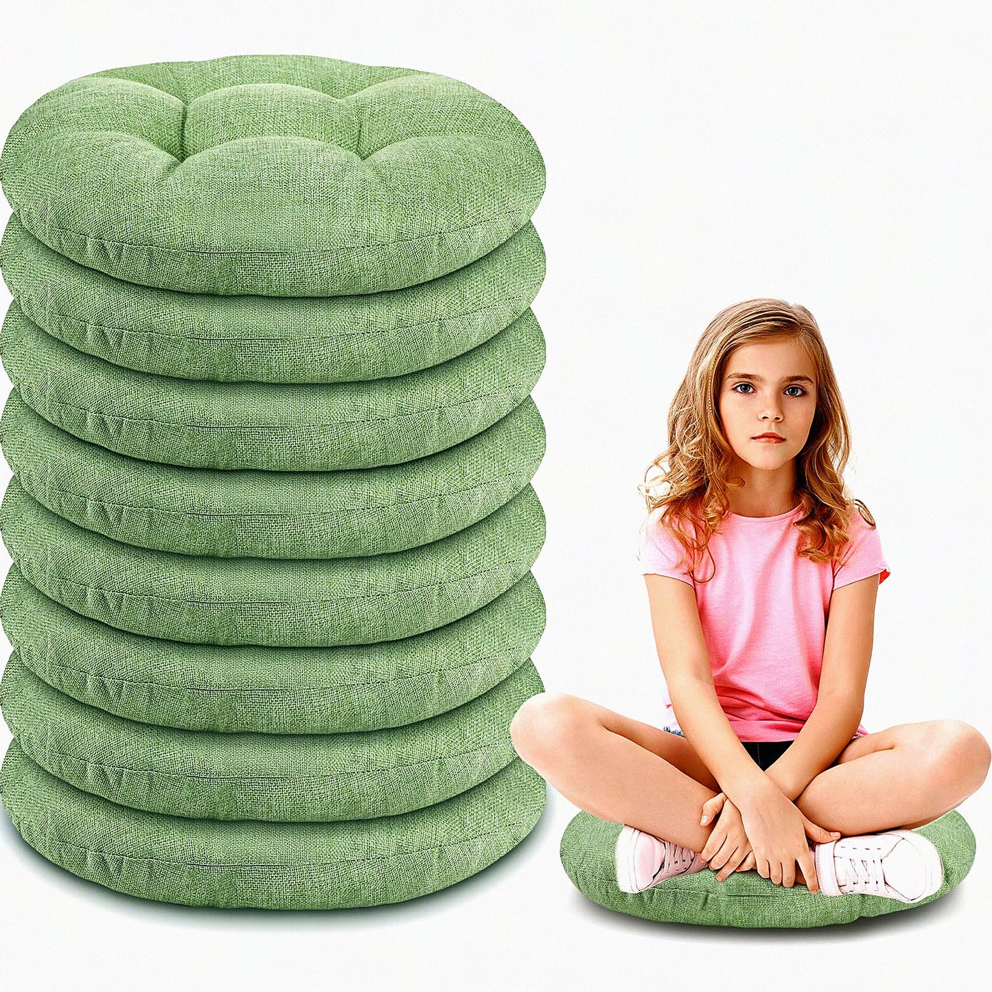 Green FlexiKids Round Floor Cushion - 15 Inch Thick Floor Pillow for Clroom, Home, Daycare, Preschool, Yoga & Meditation - Toddlers Seating
