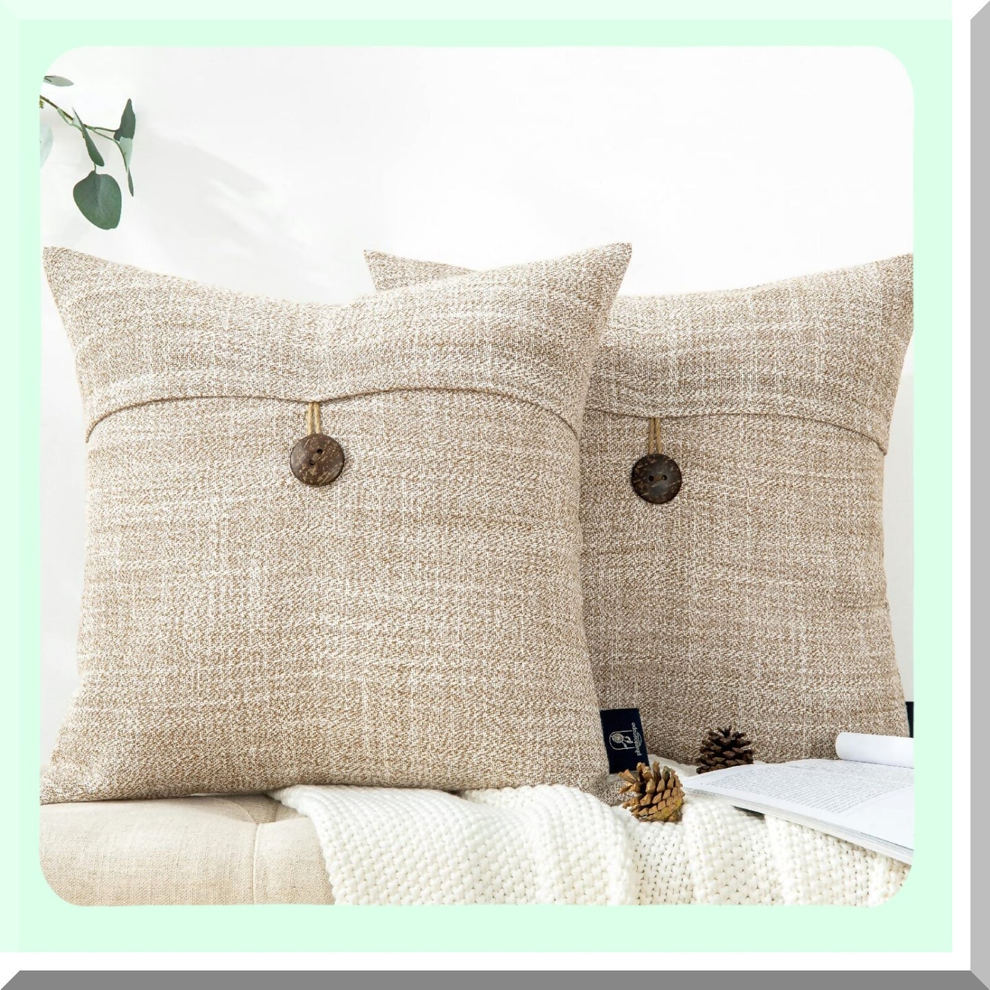 Vintage Linen Farmhouse Pillow Covers - Set of 2 Beige Decorative Cushion Cases with Coconut Button Detailing for Couch, Bed, Chair - 20x20 inches
