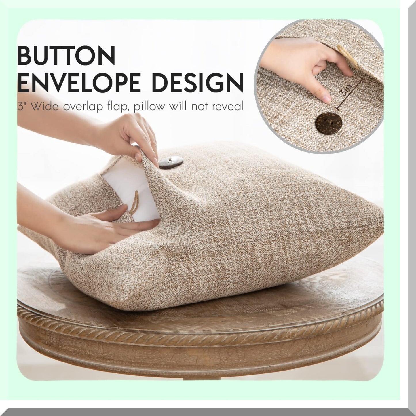 Vintage Linen Farmhouse Pillow Covers - Set of 2 Beige Decorative Cushion Cases with Coconut Button Detailing for Couch, Bed, Chair - 20x20 inches