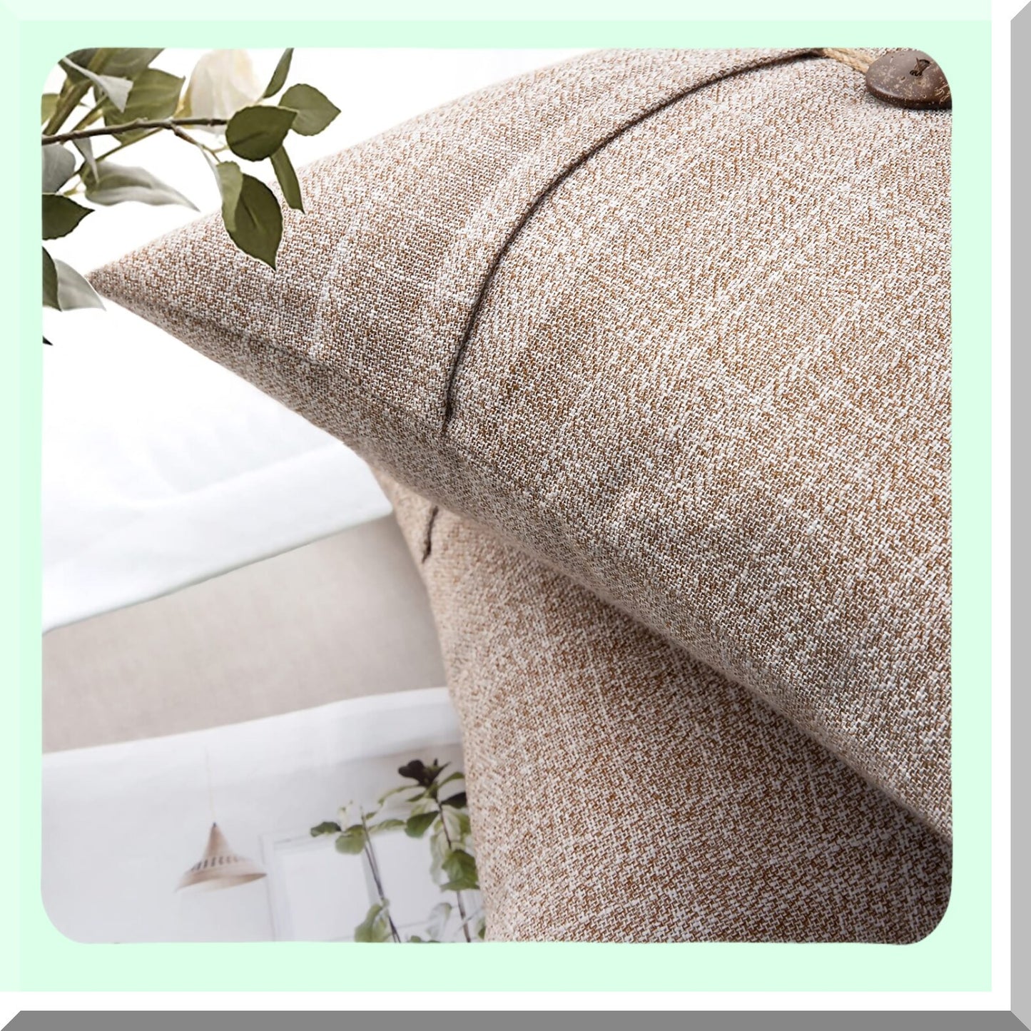 Vintage Linen Farmhouse Pillow Covers - Set of 2 Beige Decorative Cushion Cases with Coconut Button Detailing for Couch, Bed, Chair - 20x20 inches