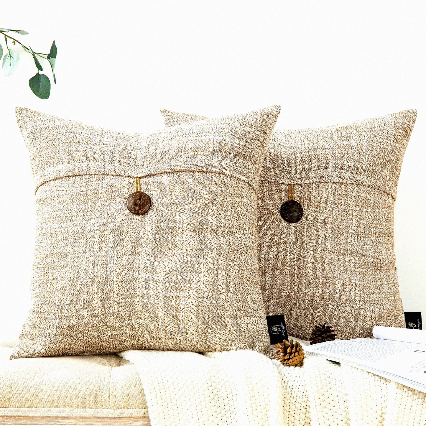 Vintage Linen Farmhouse Pillow Covers - Set of 2 Beige Decorative Cushion Cases with Coconut Button Detailing for Couch, Bed, Chair - 20x20 inches