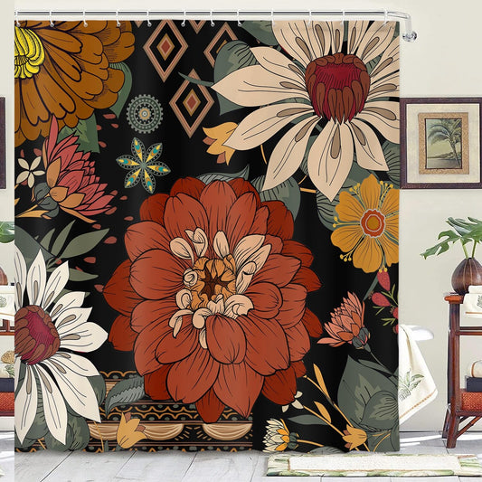 Retro Boho Floral Shower Curtain 70x70in Black