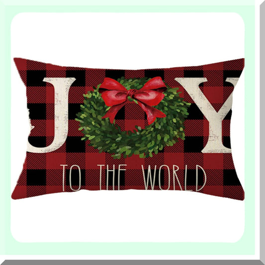 Joyful Winter Wonderland Holiday Pillow Covers - Buffalo Plaid 12x20 Inch Xmas Wreath Cushion Case for Sofa Couch - Festive Decoration