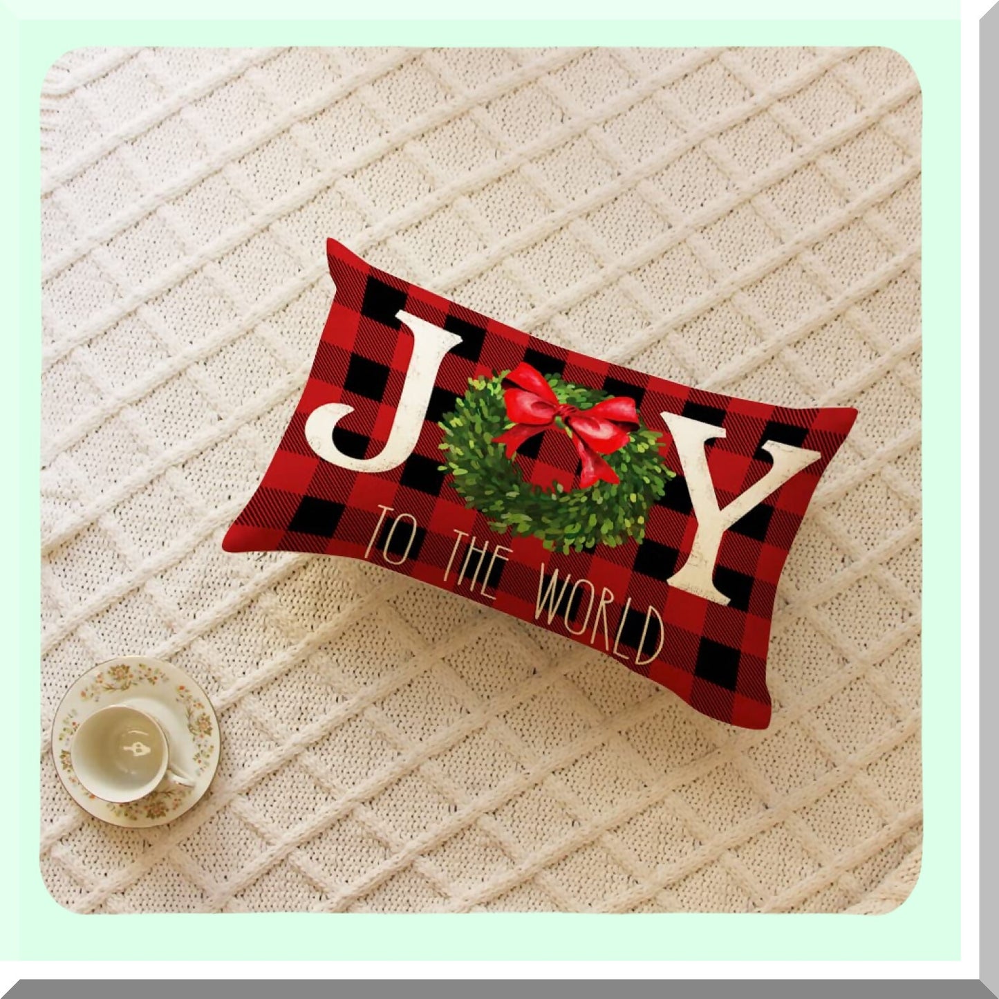 Joyful Winter Wonderland Holiday Pillow Covers - Buffalo Plaid 12x20 Inch Xmas Wreath Cushion Case for Sofa Couch - Festive Decoration